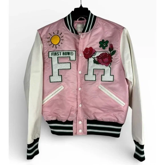 First Row Easy Hours Varsity Letter Contrast Patch Bomber Jacket Snap Pink Small - Picture 16 of 16